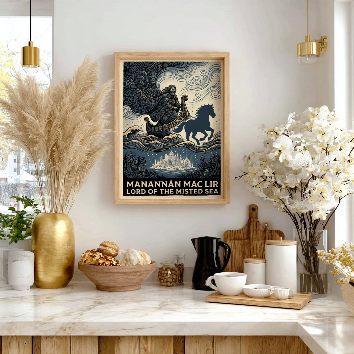 Manannán Mac Lir poster featuring a sea god in a boat with blue waves.
