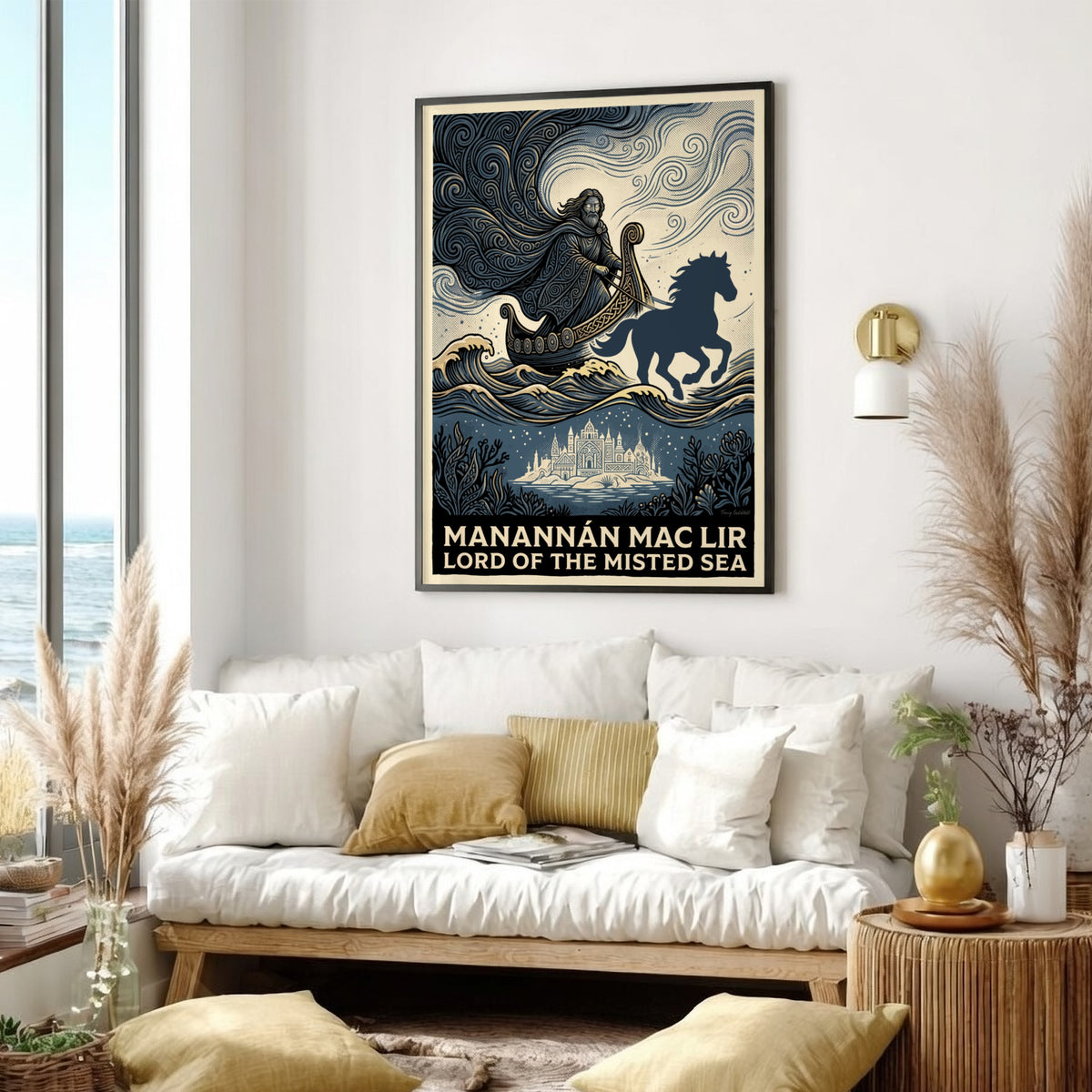 Manannán Mac Lir poster featuring a sea god in a boat with blue waves.