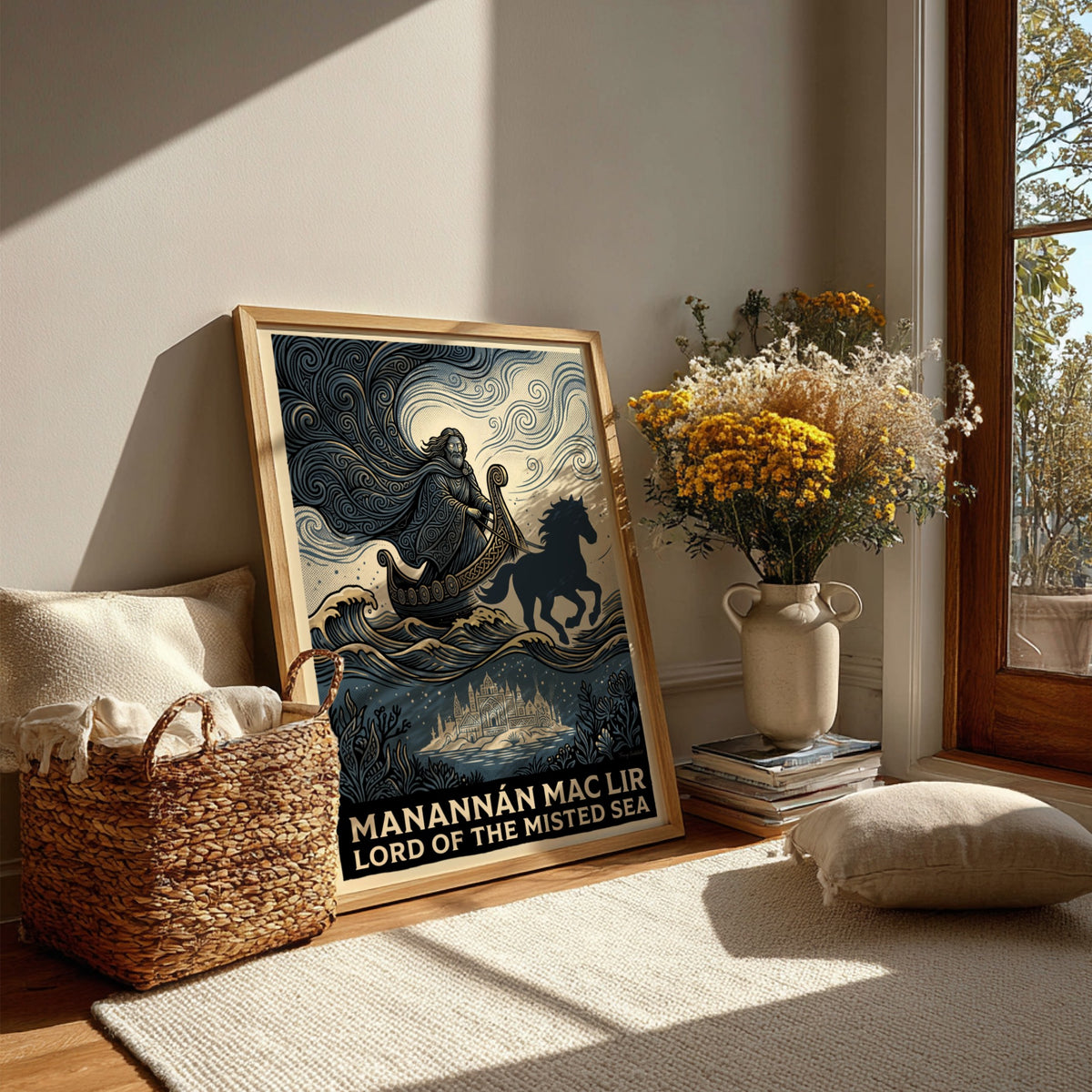 Manannán Mac Lir poster featuring a sea god in a boat with blue waves.