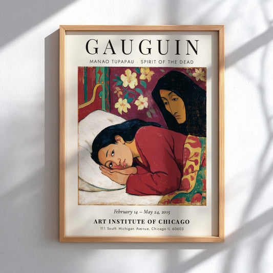 Gauguin exhibition poster featuring Manao Tupapau Spirit of the Dead with vibrant colors and emotional depth