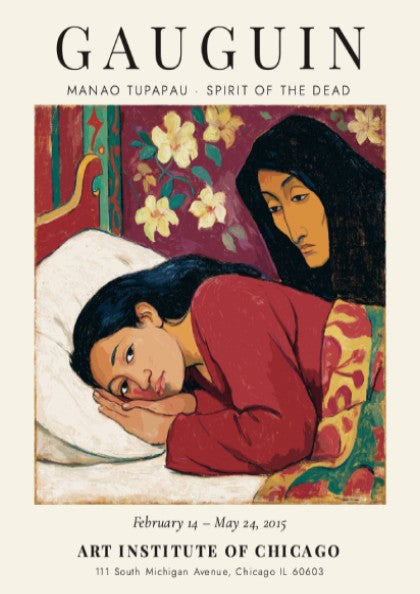 Gauguin exhibition poster featuring Manao Tupapau Spirit of the Dead with vibrant colors and emotional depth