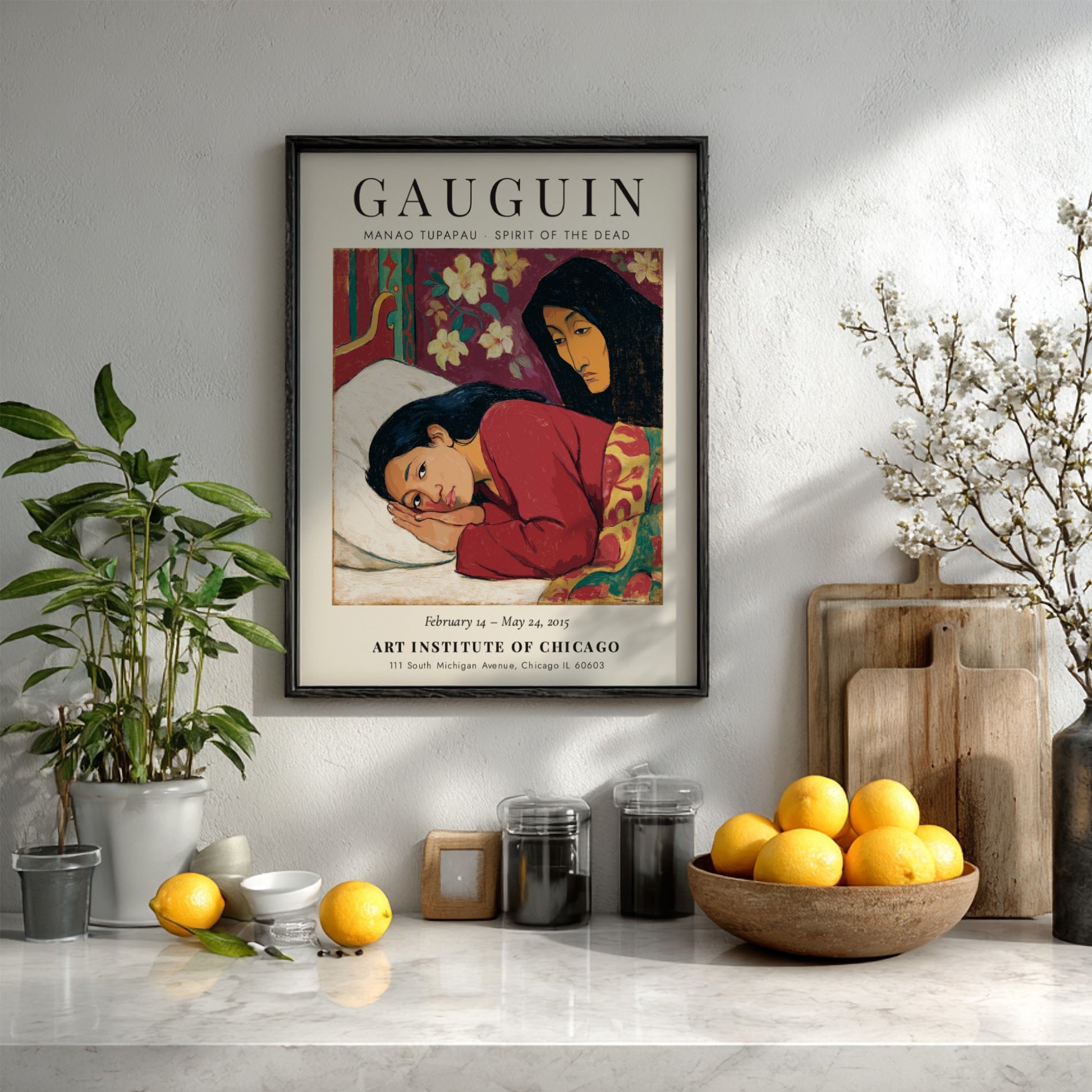Gauguin exhibition poster featuring Manao Tupapau Spirit of the Dead with vibrant colors and emotional depth