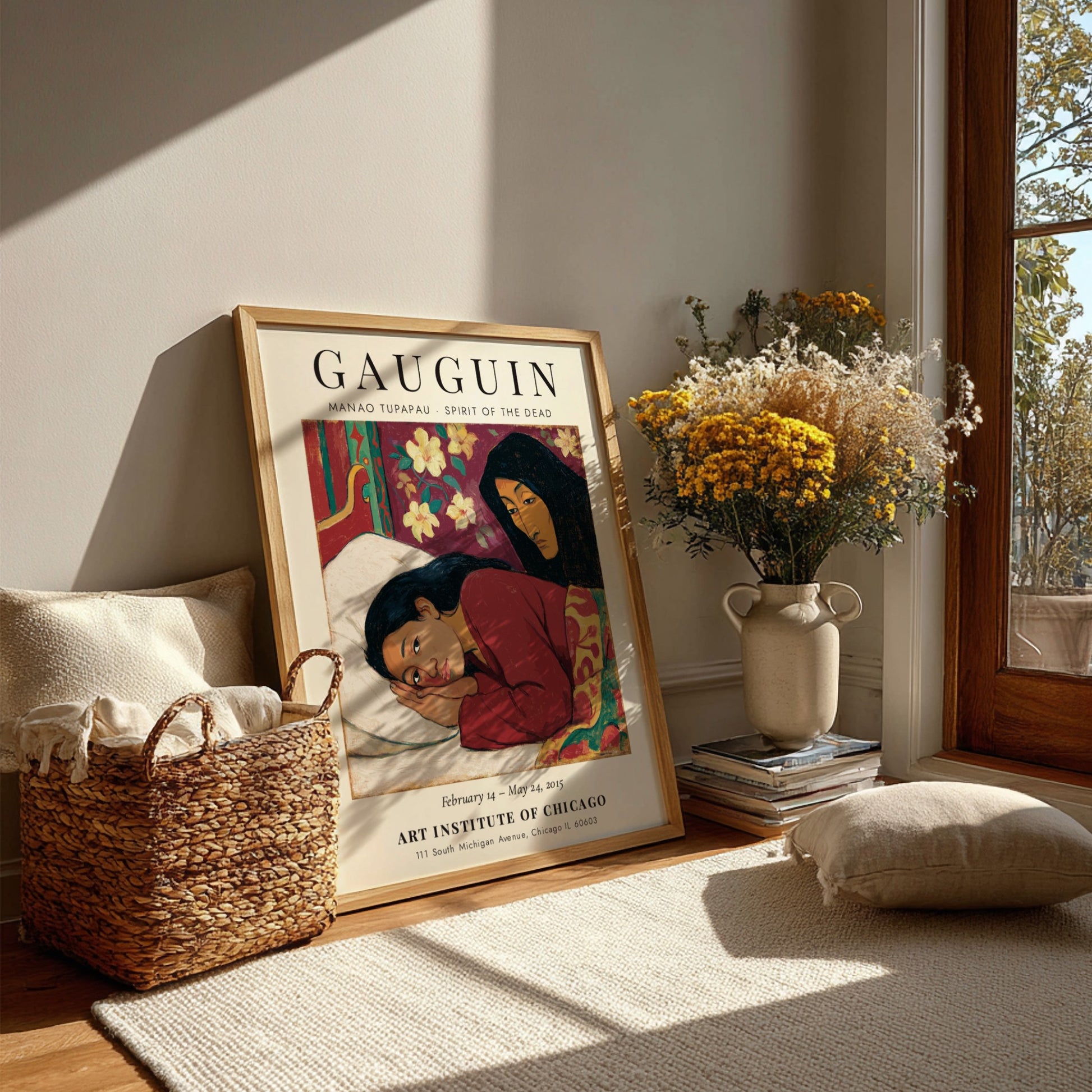 Gauguin exhibition poster featuring Manao Tupapau Spirit of the Dead with vibrant colors and emotional depth