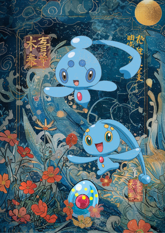 Manaphy and Phione Poster: Japanese Style Legendary Pokemon Inspired Anime Artwork - Pokemon TCG Manaphy and Phione, Manaphy Egg