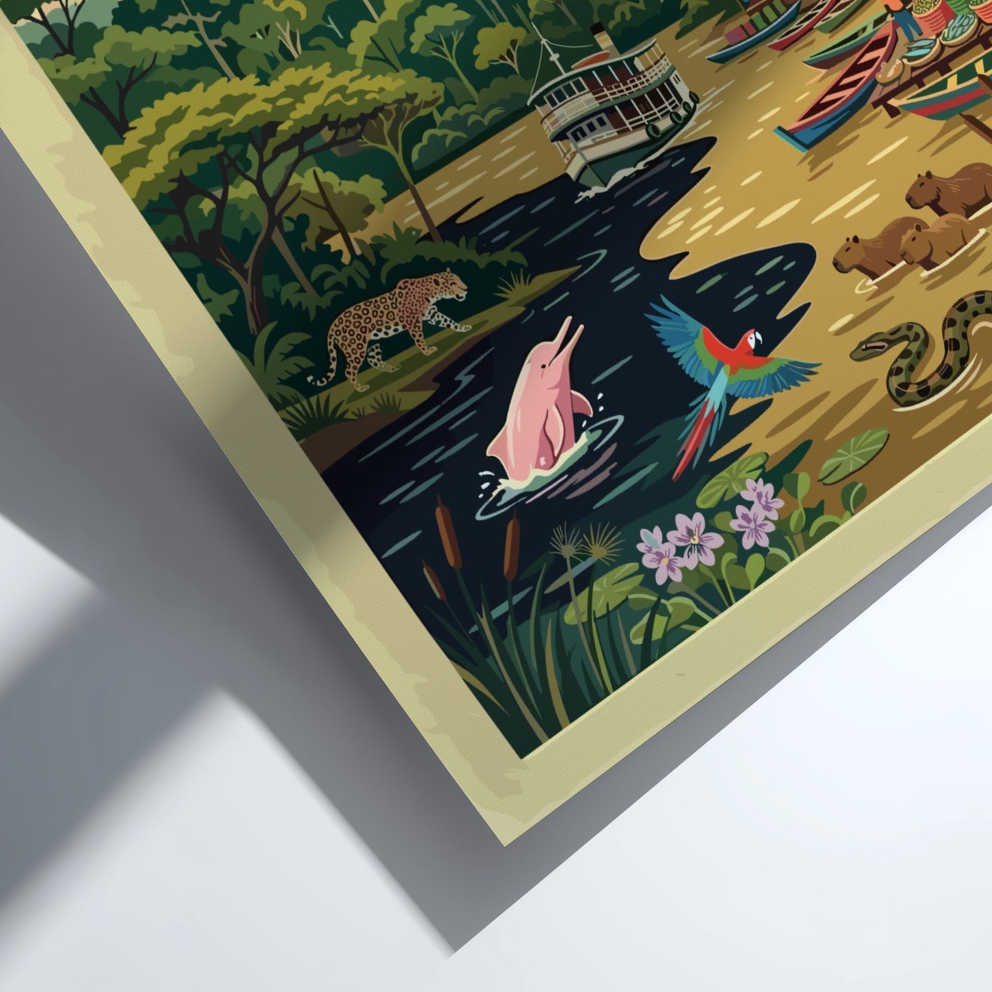 Manaus Amazonas Brazil travel poster featuring the opera house, river dolphins, and macaws.