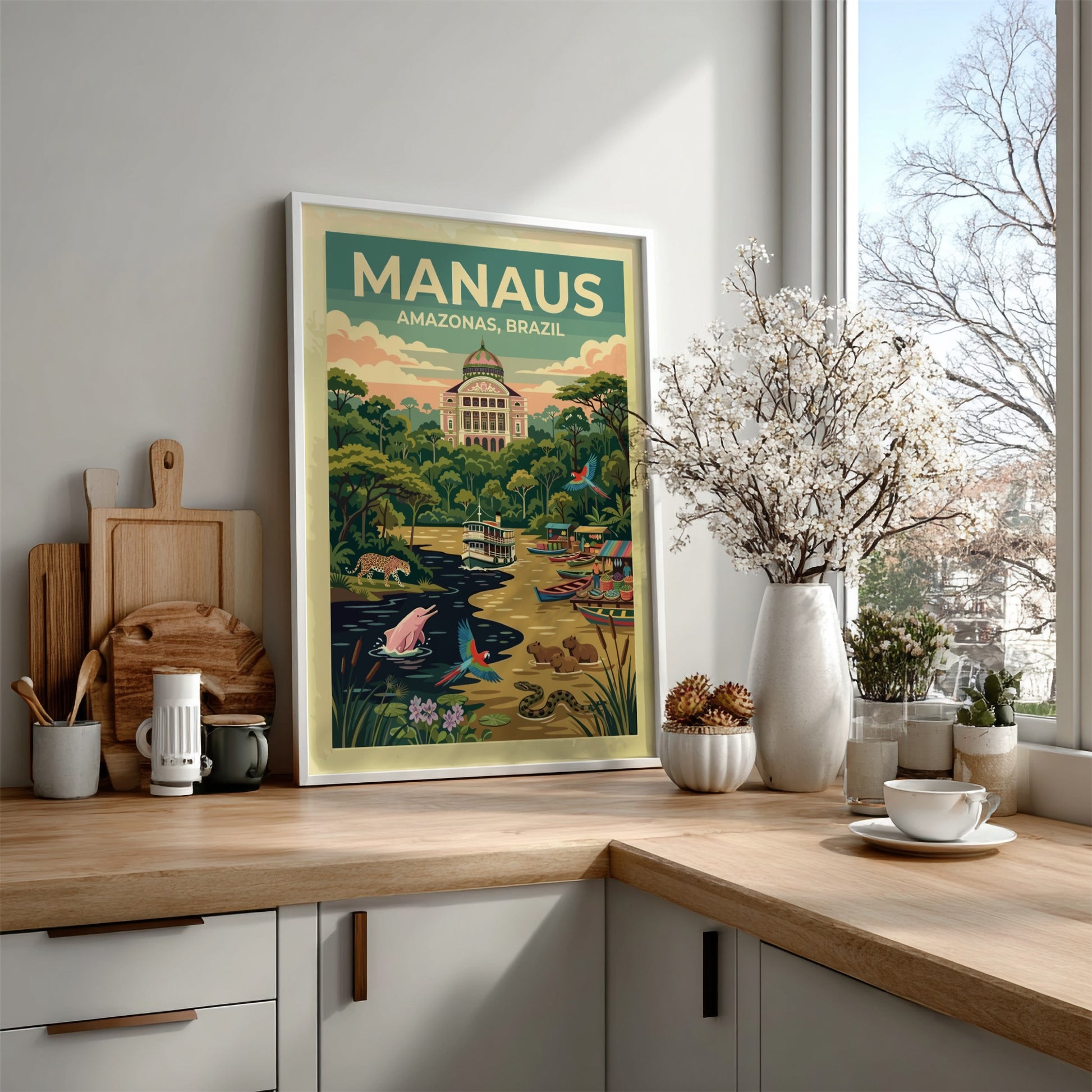 Manaus Amazonas Brazil travel poster featuring the opera house, river dolphins, and macaws.