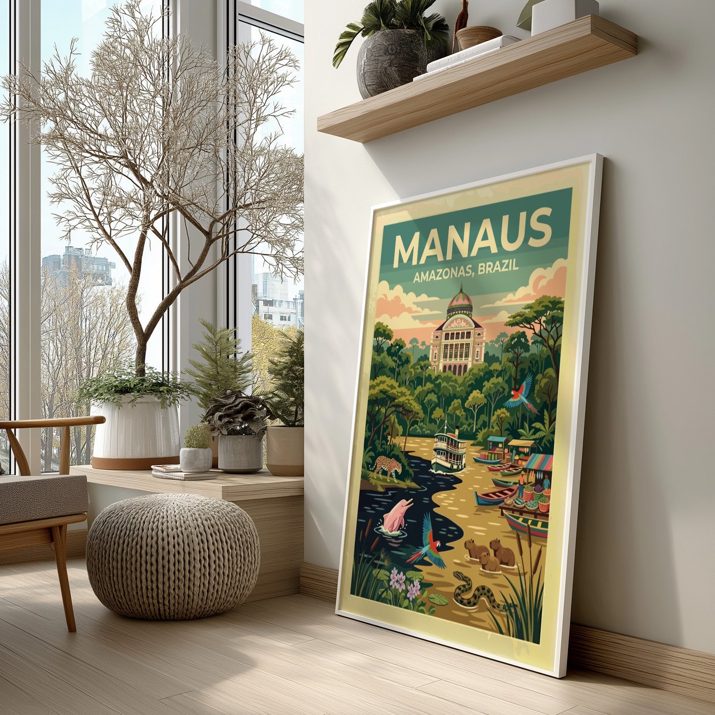 Manaus Amazonas Brazil travel poster featuring the opera house, river dolphins, and macaws.