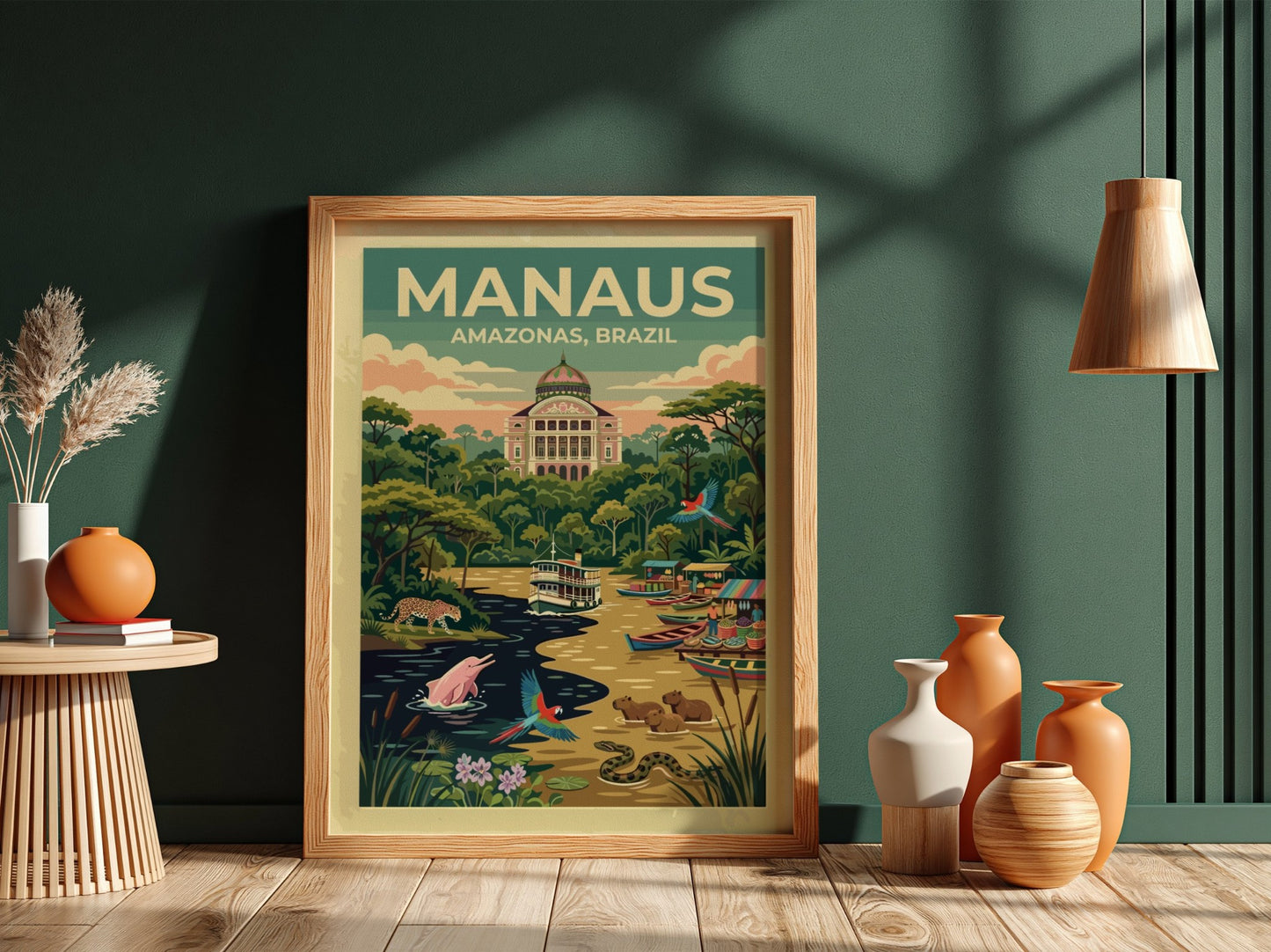 Manaus Amazonas Brazil travel poster featuring the opera house, river dolphins, and macaws.