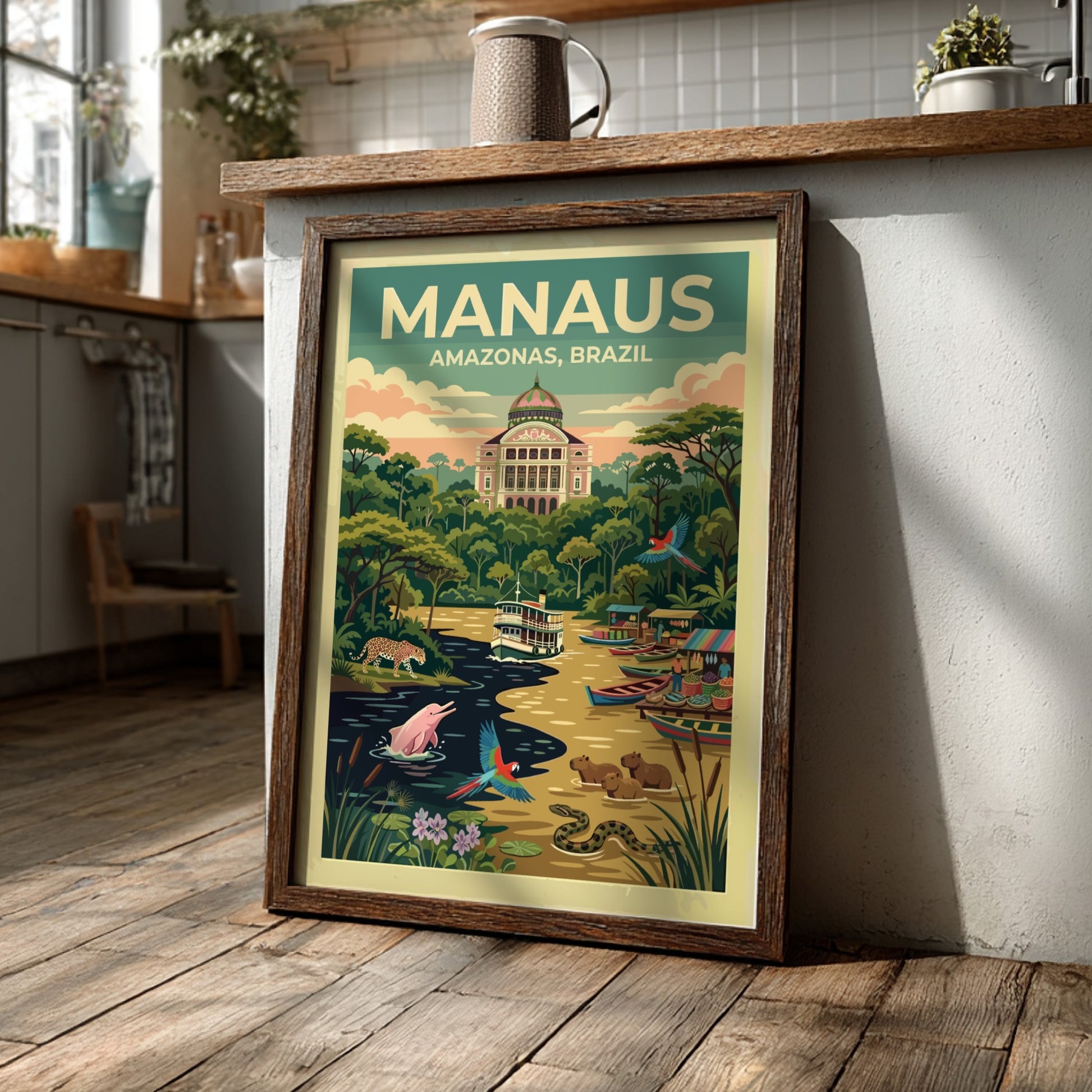Manaus Amazonas Brazil travel poster featuring the opera house, river dolphins, and macaws.