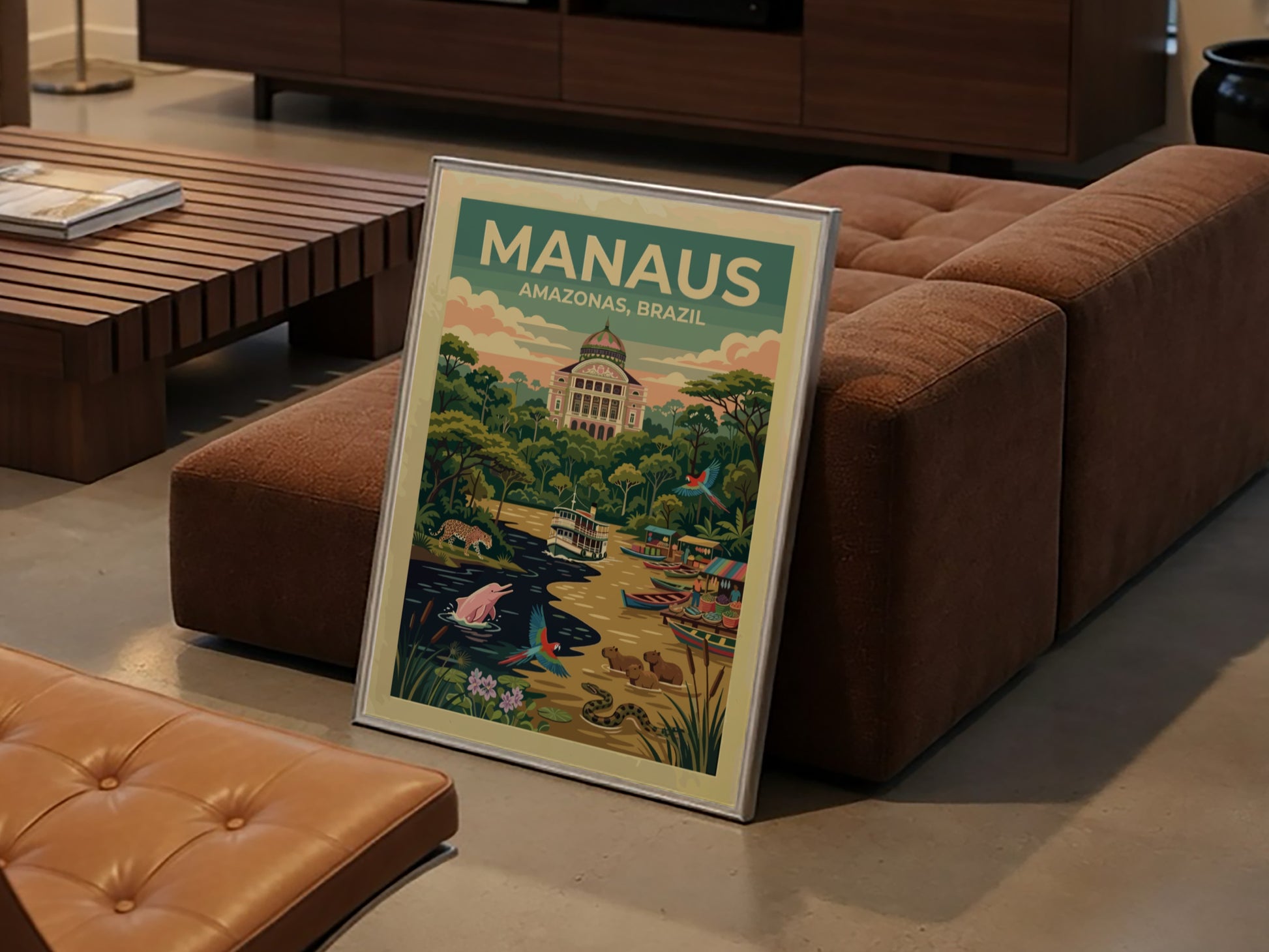 Manaus Amazonas Brazil travel poster featuring the opera house, river dolphins, and macaws.