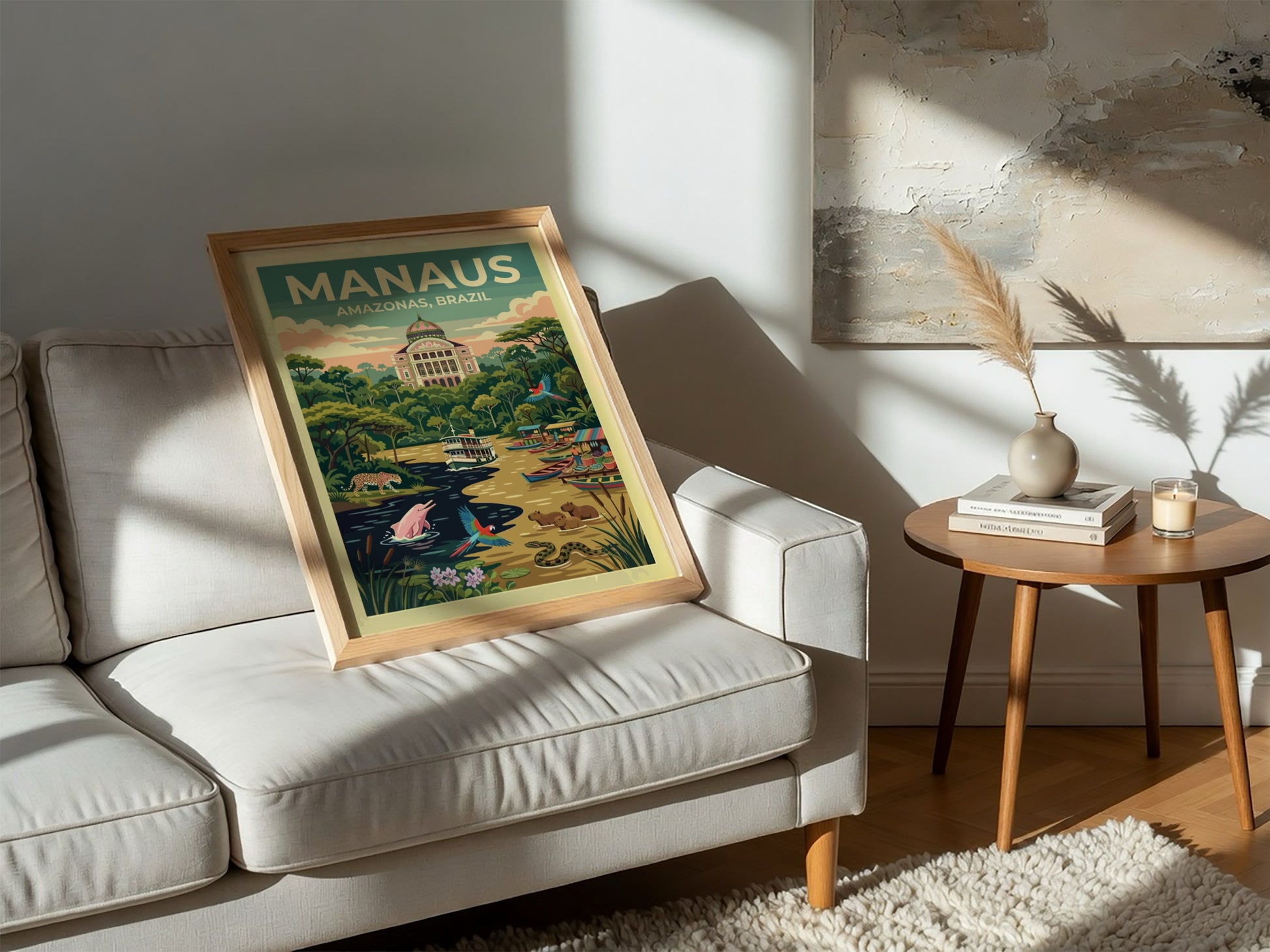 Manaus Amazonas Brazil travel poster featuring the opera house, river dolphins, and macaws.