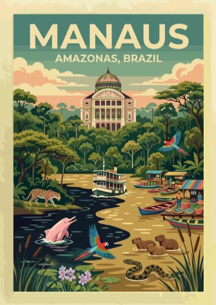 Manaus Amazonas Brazil travel poster featuring the opera house, river dolphins, and macaws.