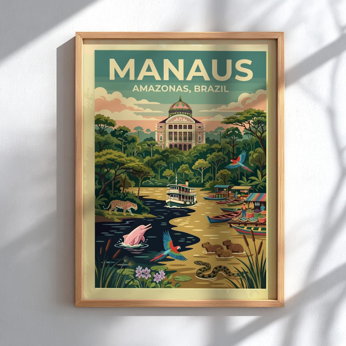 Manaus Amazonas Brazil travel poster featuring the opera house, river dolphins, and macaws.