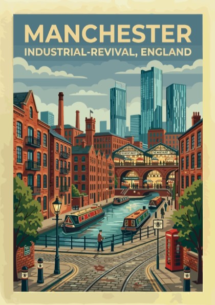Travel poster featuring Manchester canals, brick warehouses, and modern skyscrapers in a graphic style.