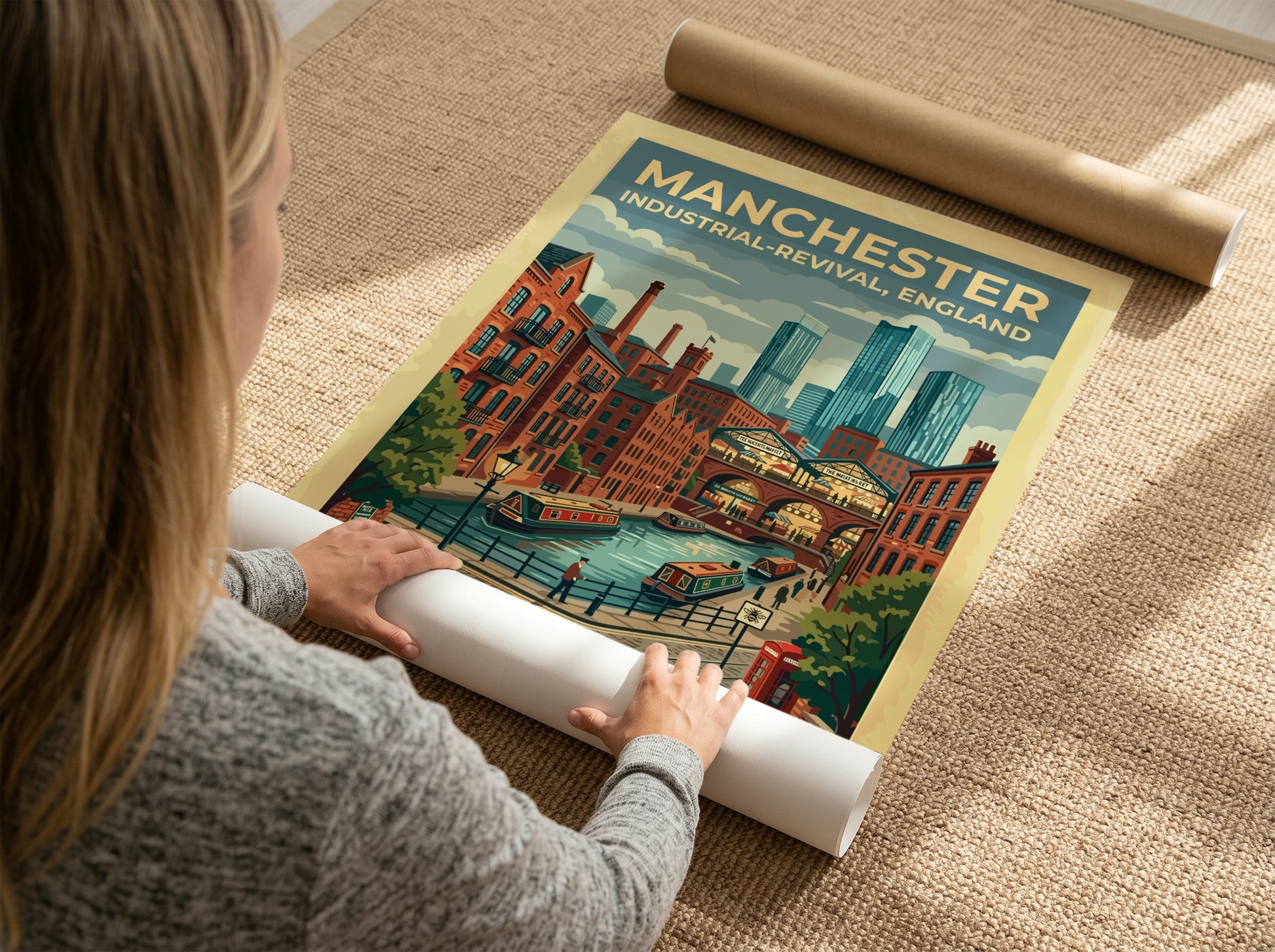 Travel poster featuring Manchester canals, brick warehouses, and modern skyscrapers in a graphic style.