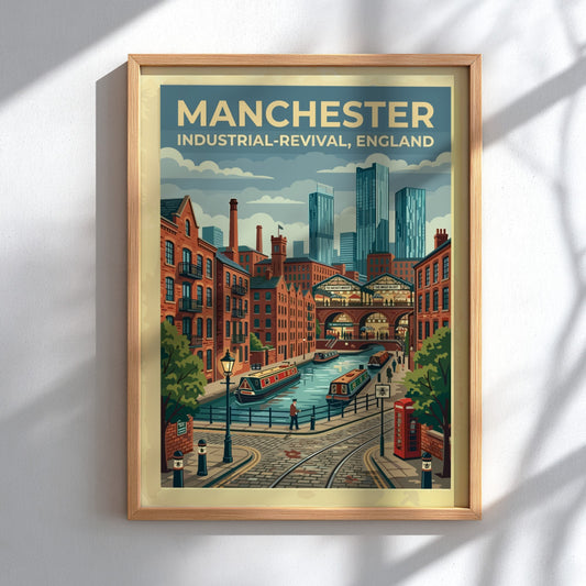 Travel poster featuring Manchester canals, brick warehouses, and modern skyscrapers in a graphic style.