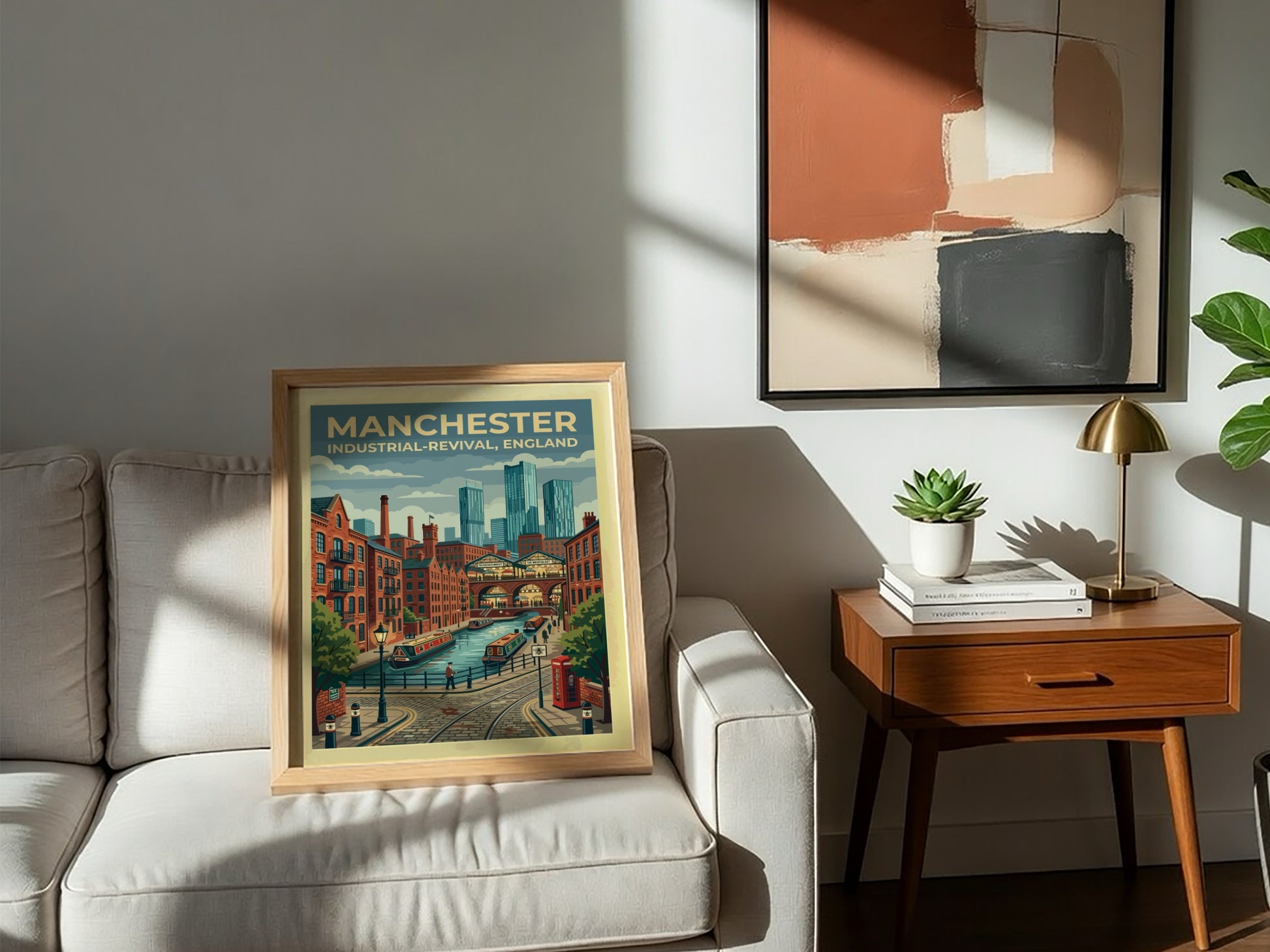Travel poster featuring Manchester canals, brick warehouses, and modern skyscrapers in a graphic style.
