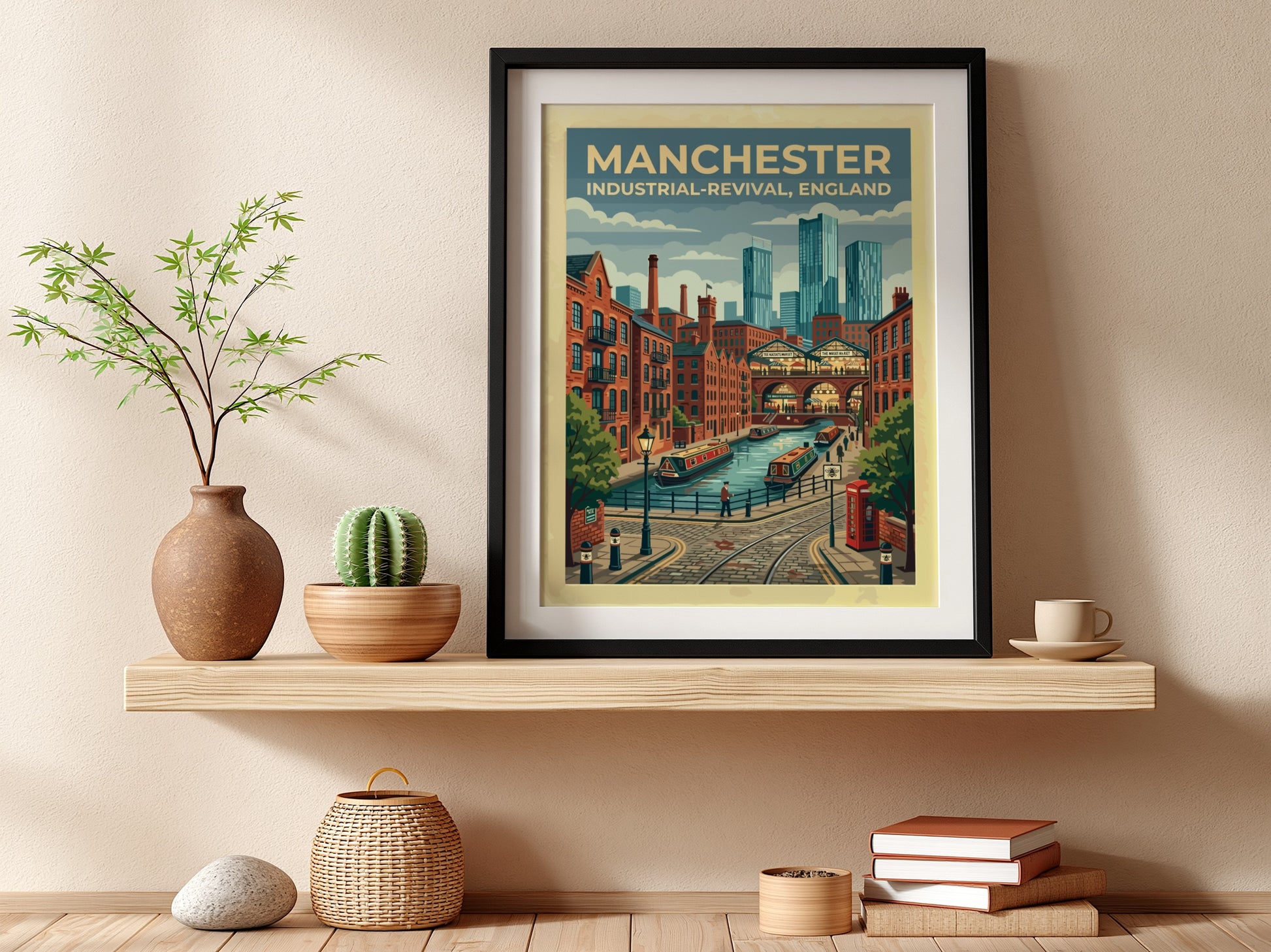 Travel poster featuring Manchester canals, brick warehouses, and modern skyscrapers in a graphic style.