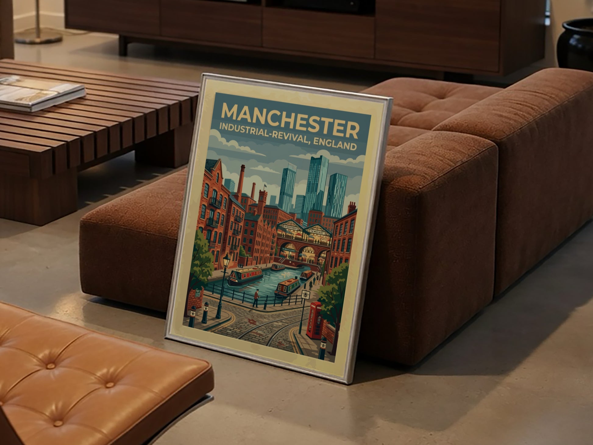 Travel poster featuring Manchester canals, brick warehouses, and modern skyscrapers in a graphic style.