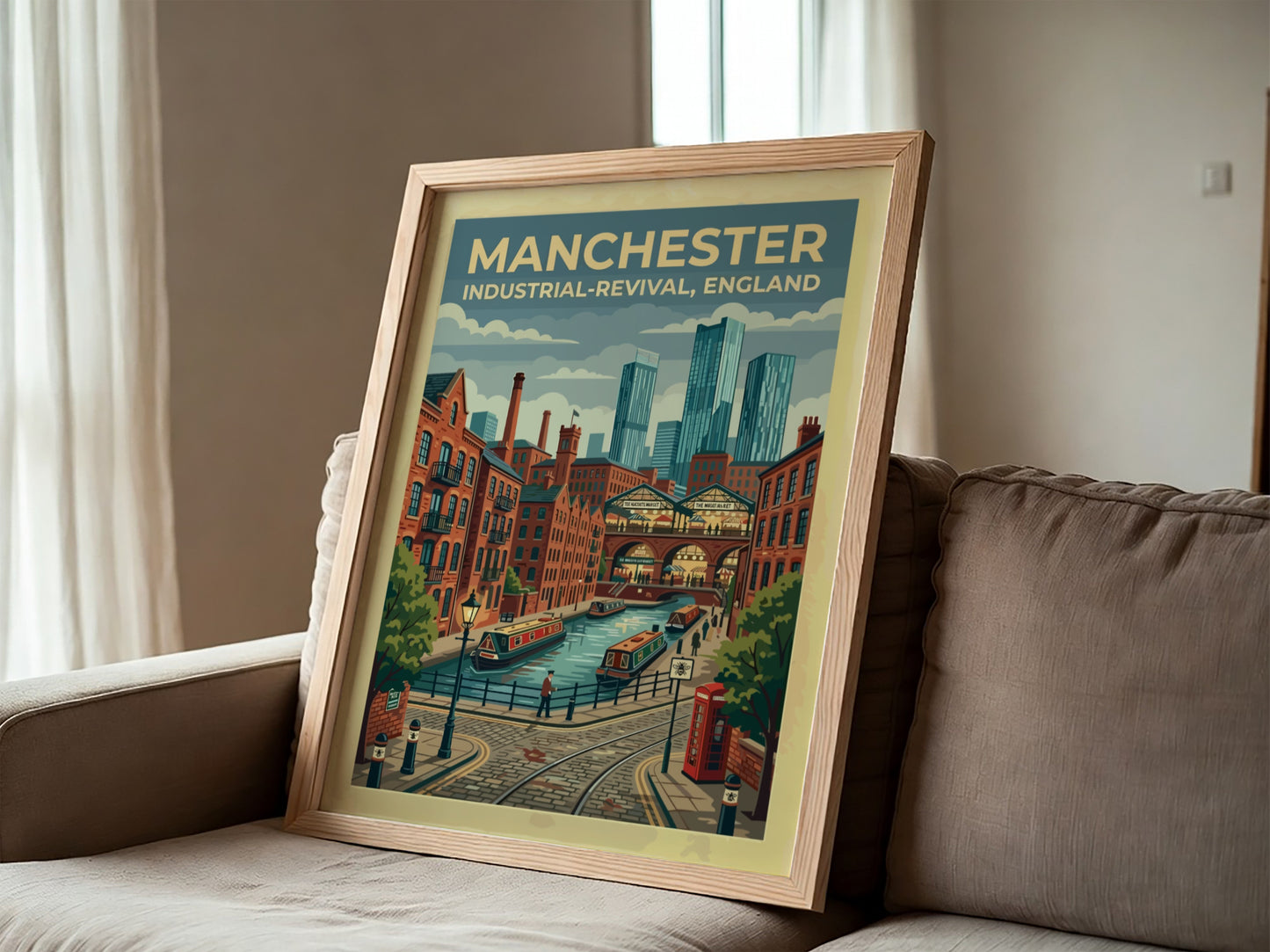 Travel poster featuring Manchester canals, brick warehouses, and modern skyscrapers in a graphic style.