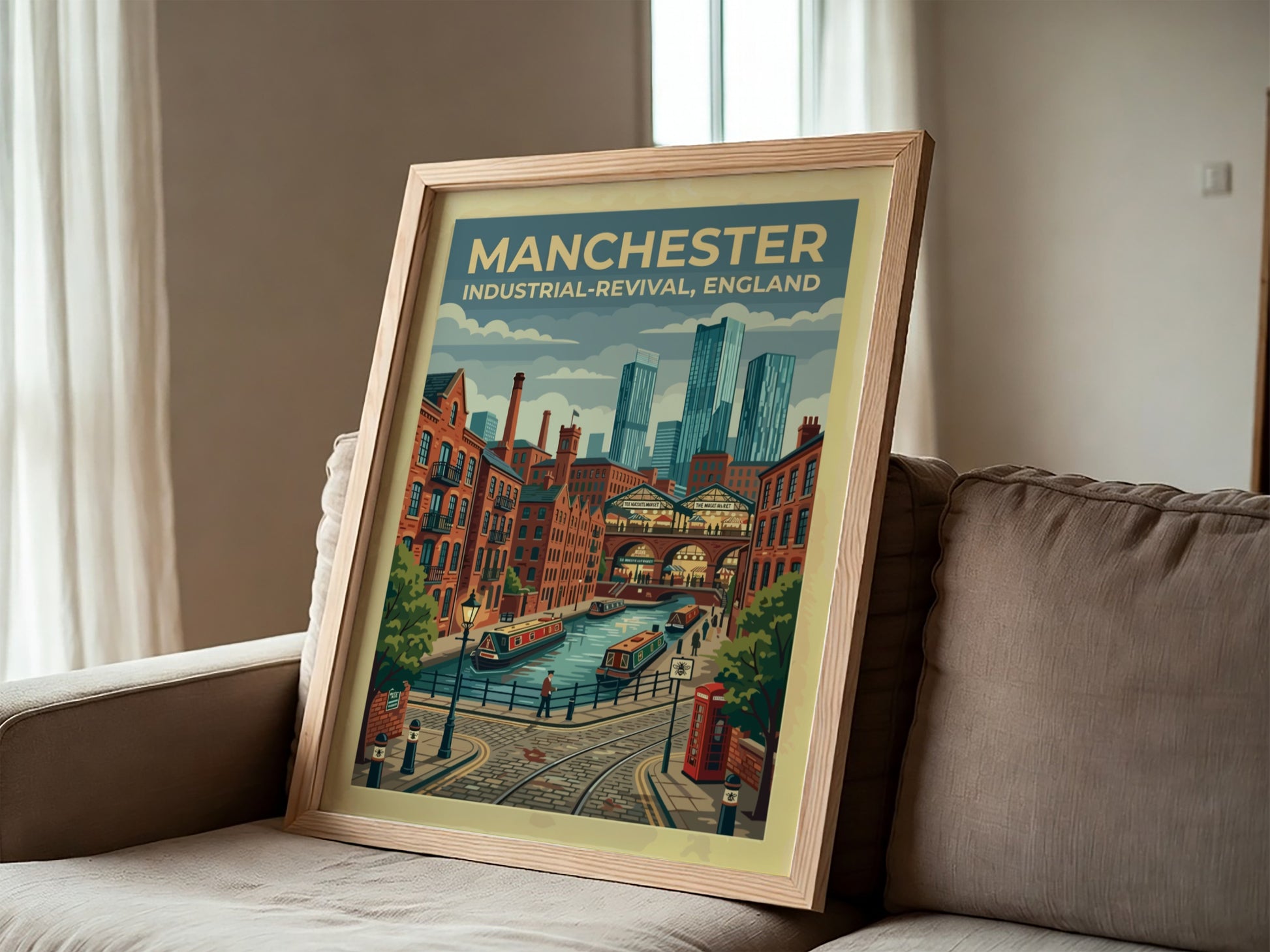 Travel poster featuring Manchester canals, brick warehouses, and modern skyscrapers in a graphic style.