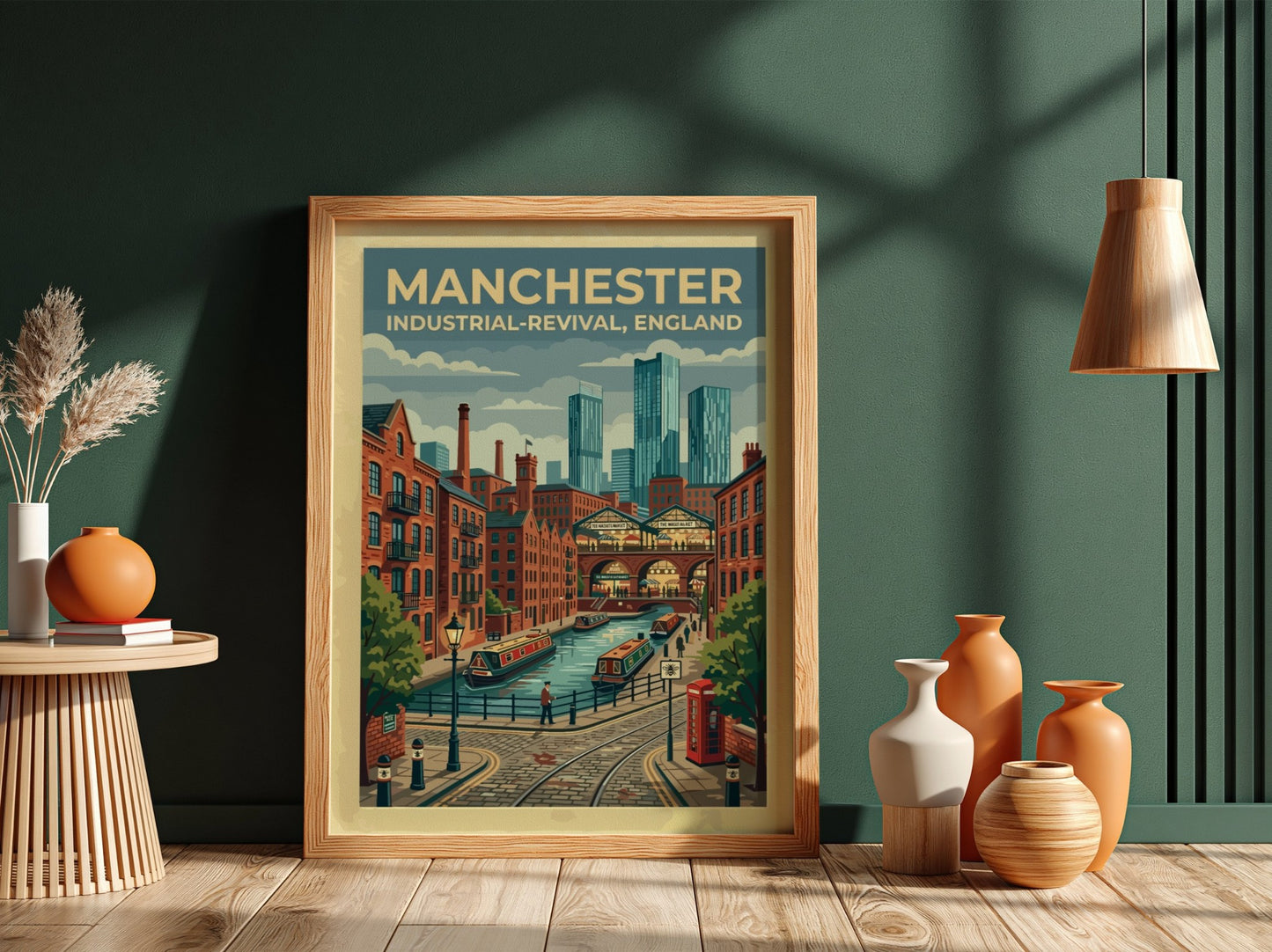 Travel poster featuring Manchester canals, brick warehouses, and modern skyscrapers in a graphic style.