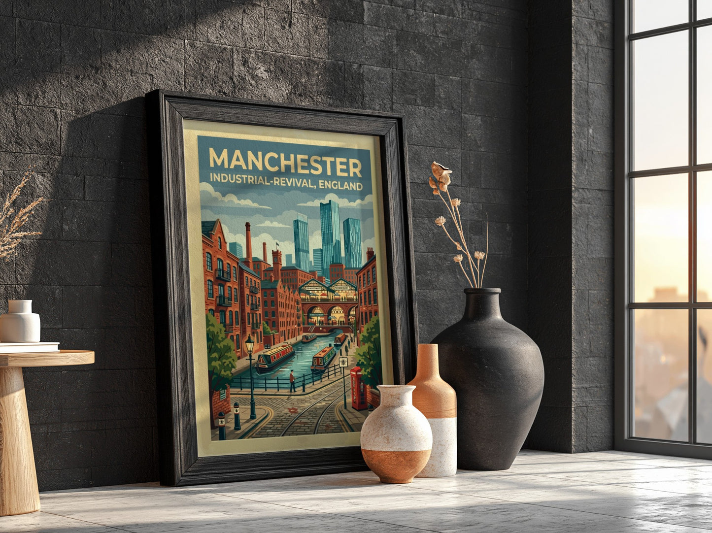 Travel poster featuring Manchester canals, brick warehouses, and modern skyscrapers in a graphic style.