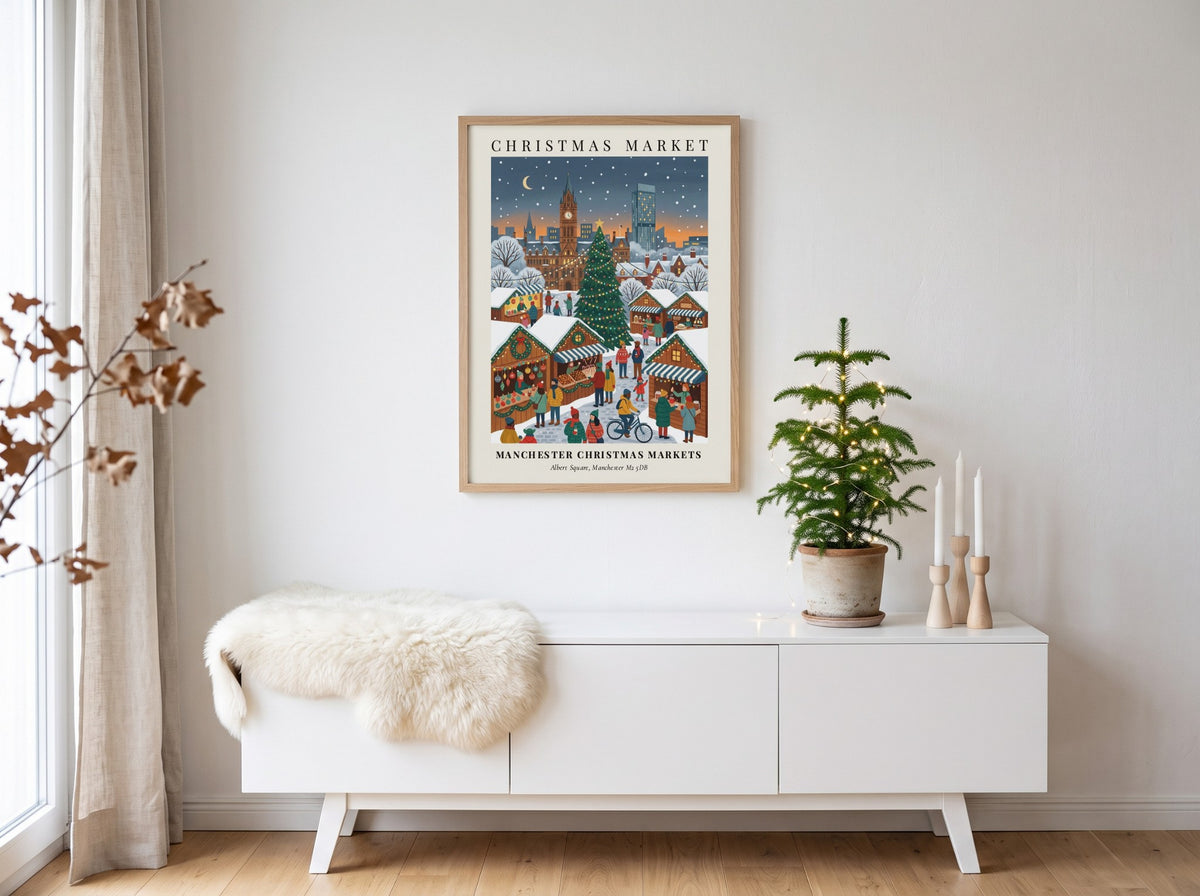 Poster of Manchester Christmas Markets with town hall, snowy streets, and glowing holiday stalls.
