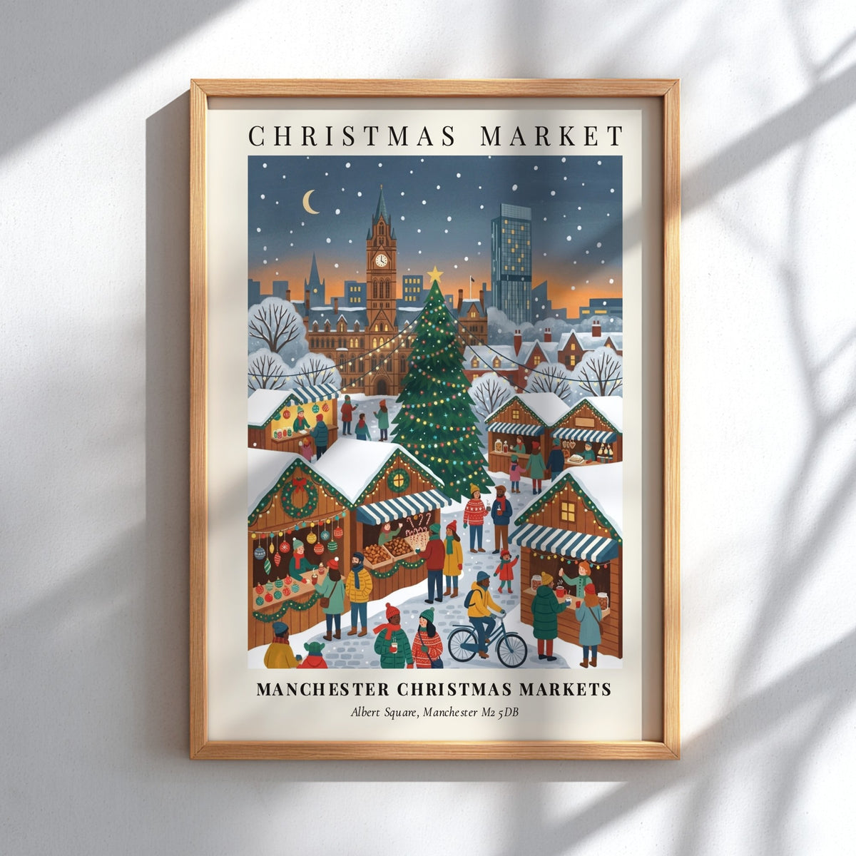Poster of Manchester Christmas Markets with town hall, snowy streets, and glowing holiday stalls.