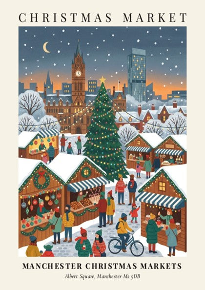 Poster of Manchester Christmas Markets with town hall, snowy streets, and glowing holiday stalls.