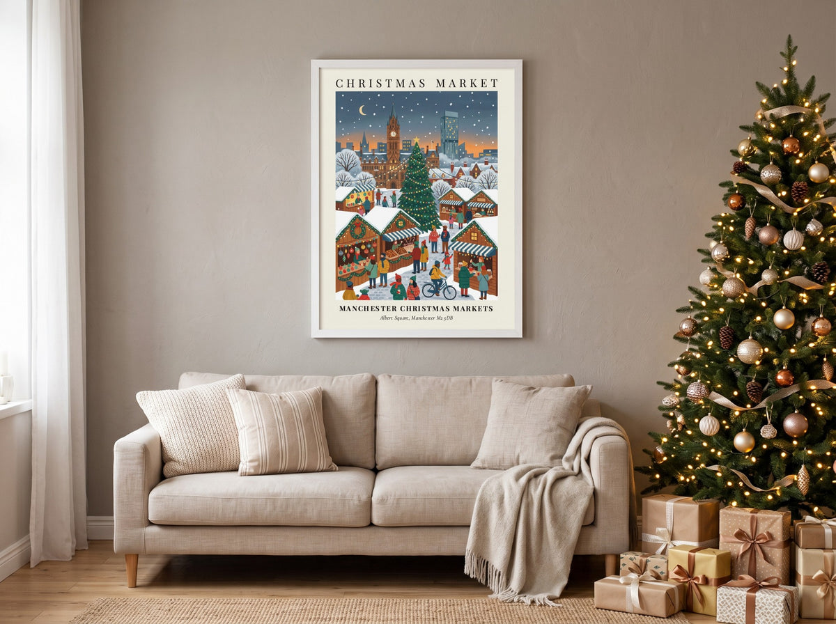 Poster of Manchester Christmas Markets with town hall, snowy streets, and glowing holiday stalls.