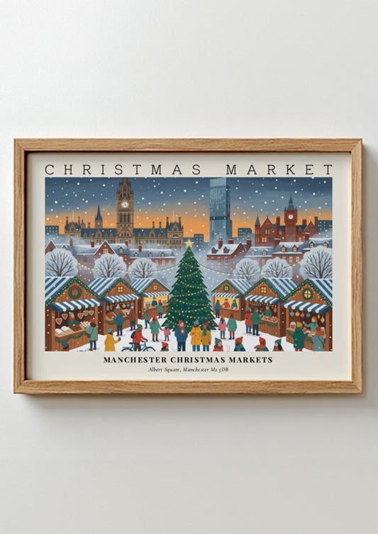 Poster of Manchester Christmas Markets showing festive wooden stalls and city buildings in snow.