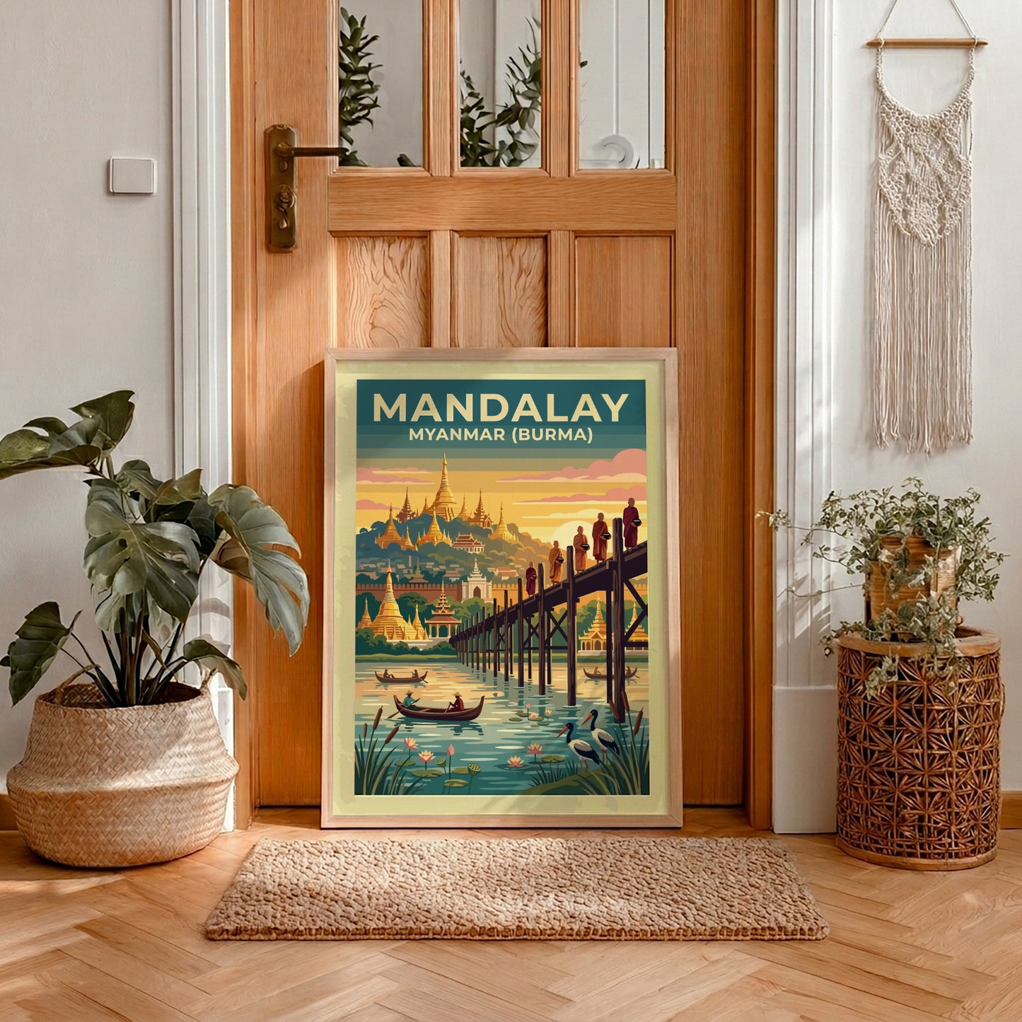 Travel poster of Mandalay Myanmar featuring pagodas and a wooden bridge at sunset