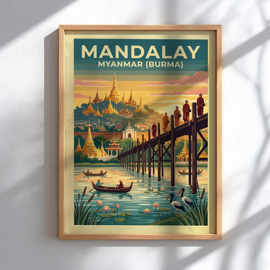 Travel poster of Mandalay Myanmar featuring pagodas and a wooden bridge at sunset
