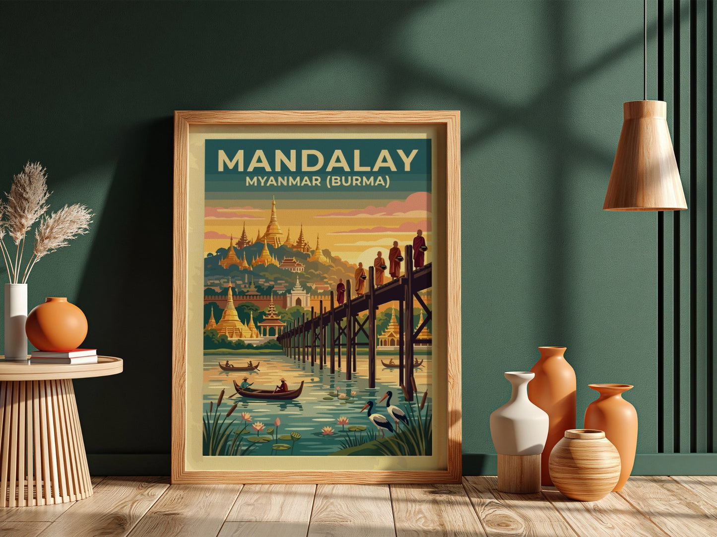 Travel poster of Mandalay Myanmar featuring pagodas and a wooden bridge at sunset