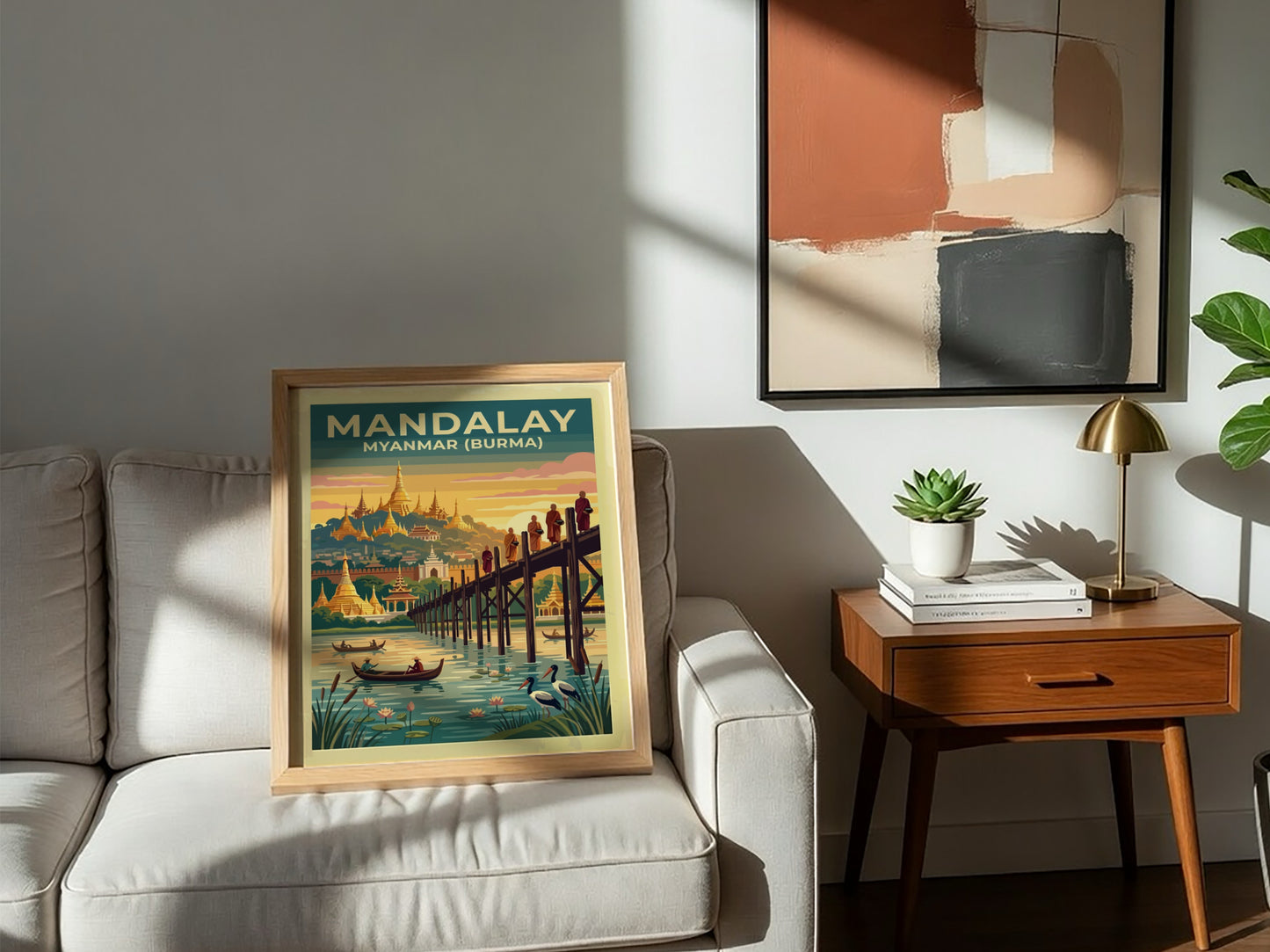 Travel poster of Mandalay Myanmar featuring pagodas and a wooden bridge at sunset