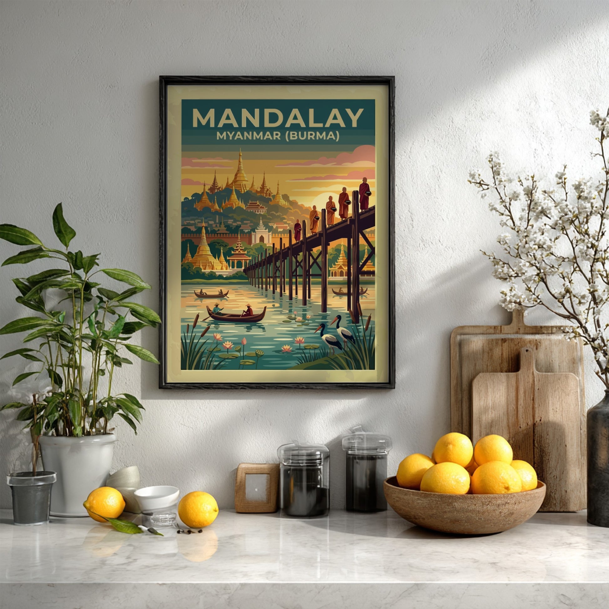 Travel poster of Mandalay Myanmar featuring pagodas and a wooden bridge at sunset