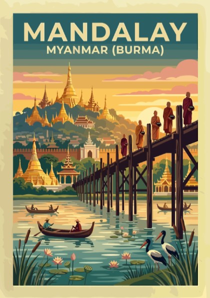Travel poster of Mandalay Myanmar featuring pagodas and a wooden bridge at sunset