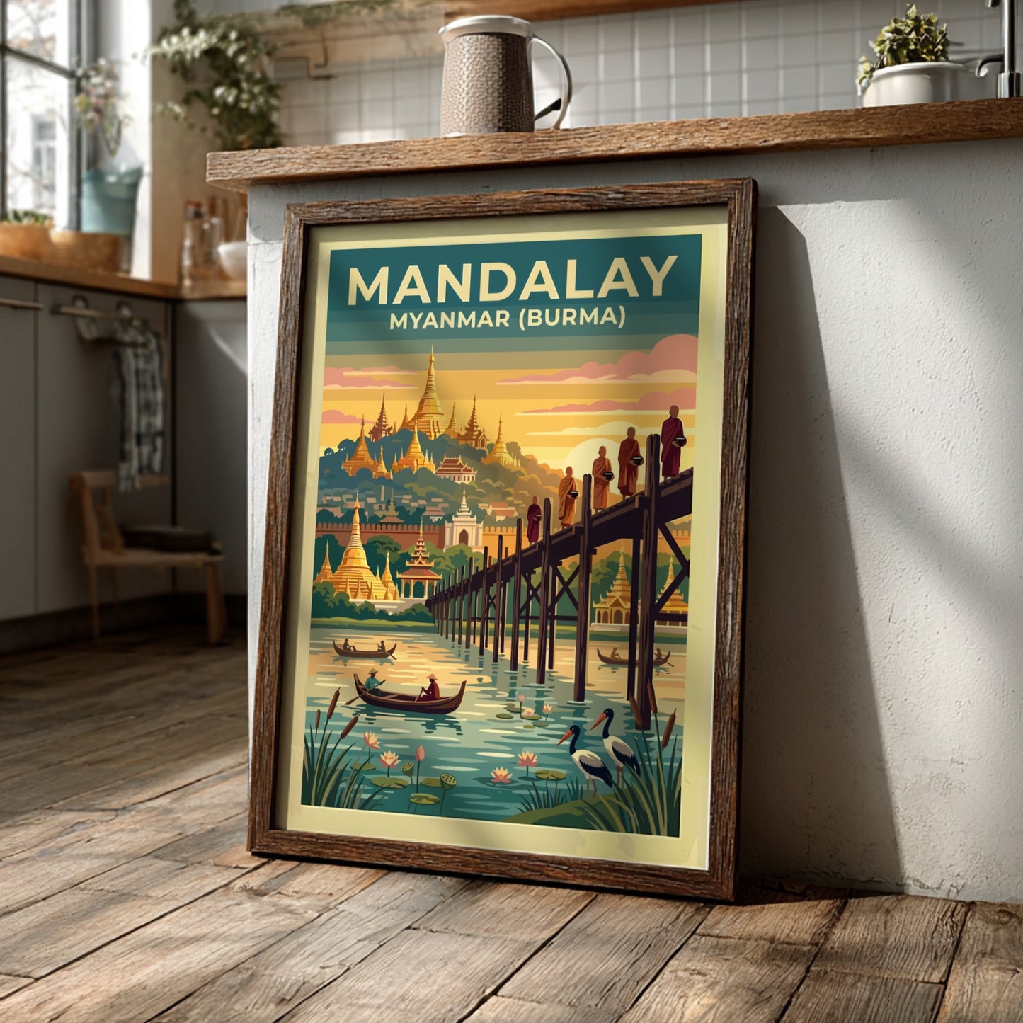 Travel poster of Mandalay Myanmar featuring pagodas and a wooden bridge at sunset