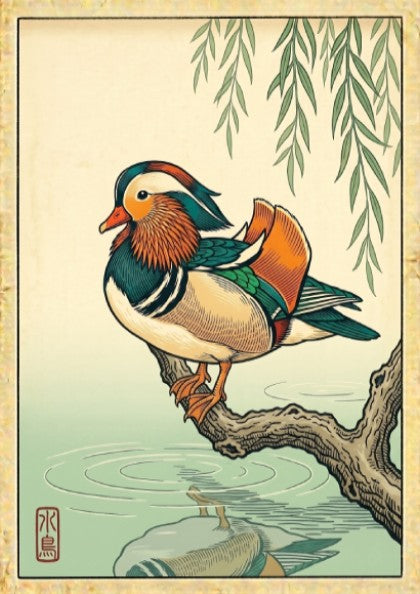 Mandarin duck poster featuring vibrant colors and Japanese art style