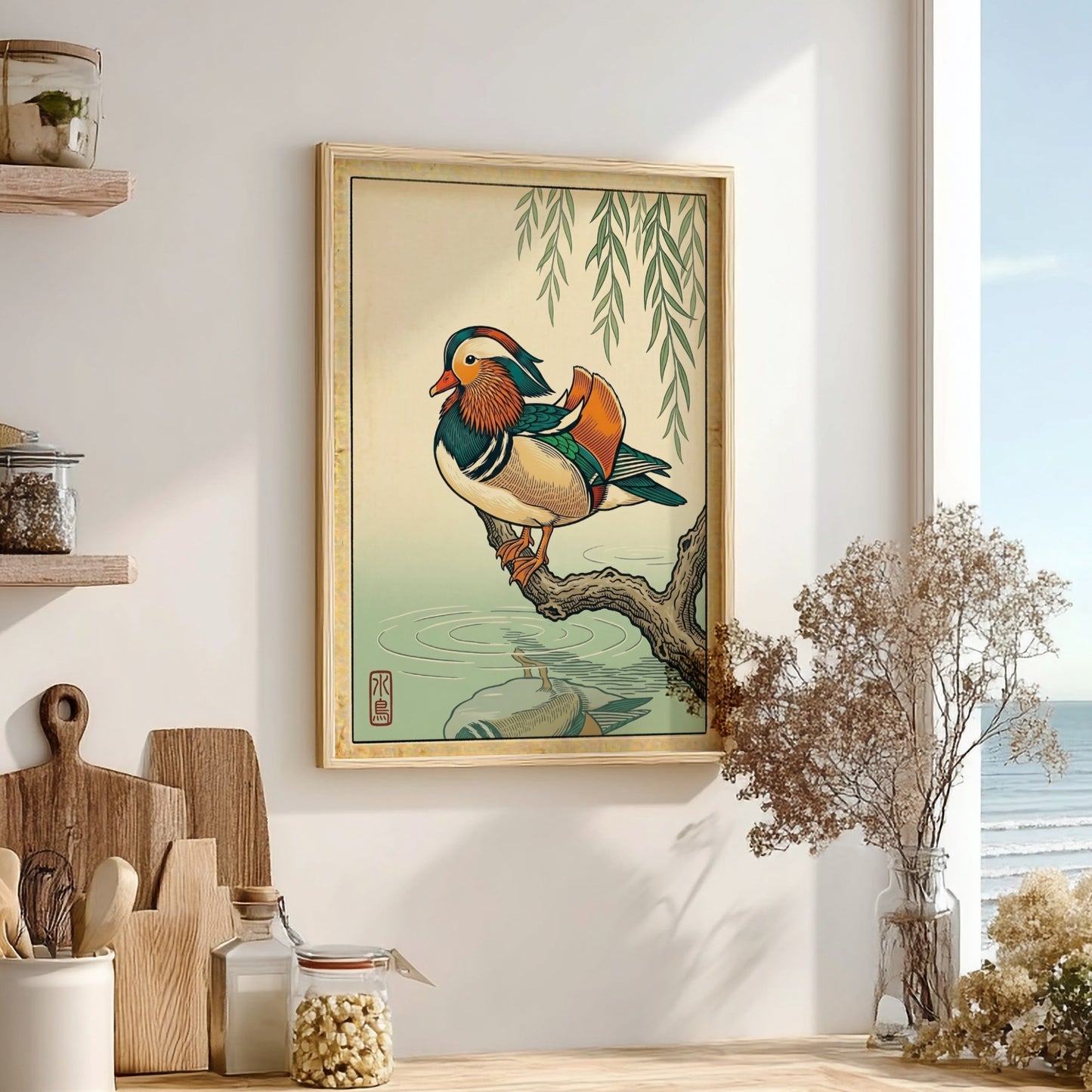 Mandarin duck poster featuring vibrant colors and Japanese art style