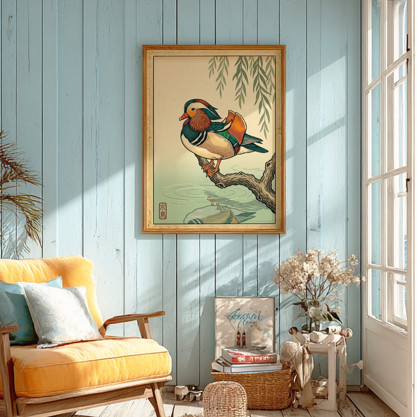 Mandarin duck poster featuring vibrant colors and Japanese art style