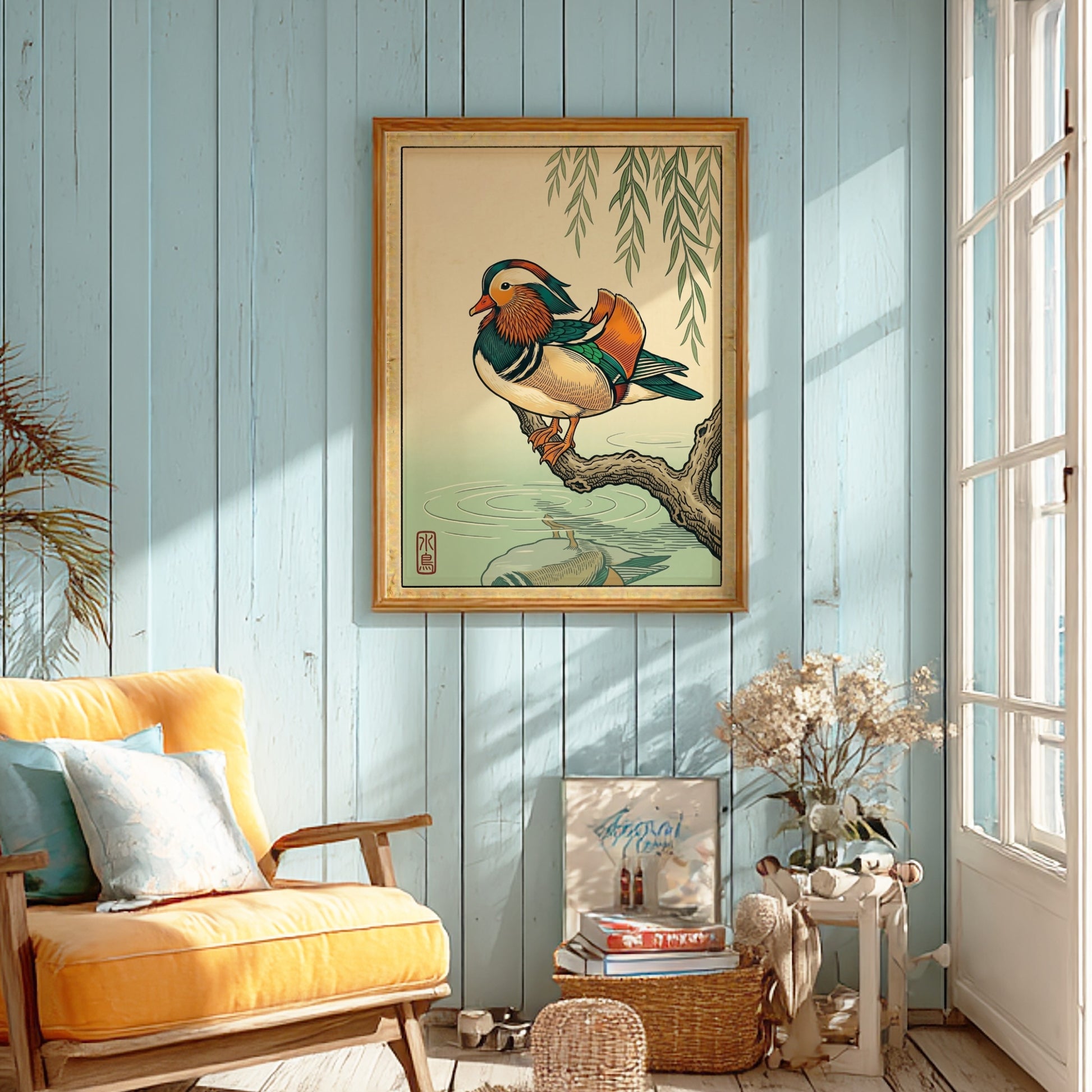 Mandarin duck poster featuring vibrant colors and Japanese art style
