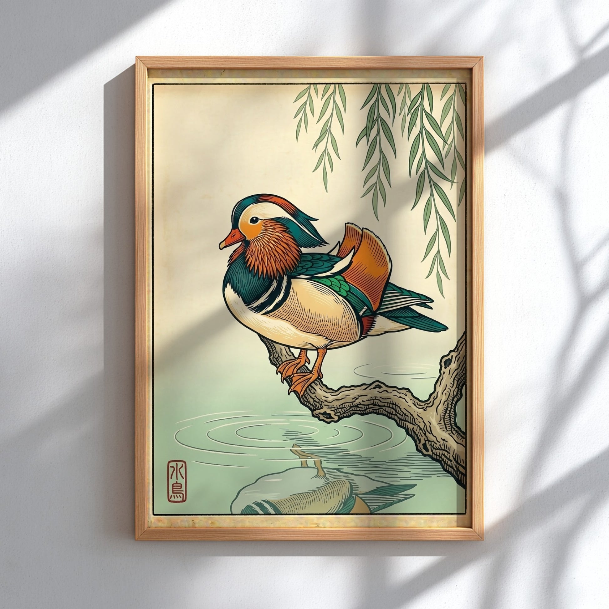 Mandarin duck poster featuring vibrant colors and Japanese art style