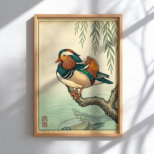 Mandarin duck poster featuring vibrant colors and Japanese art style