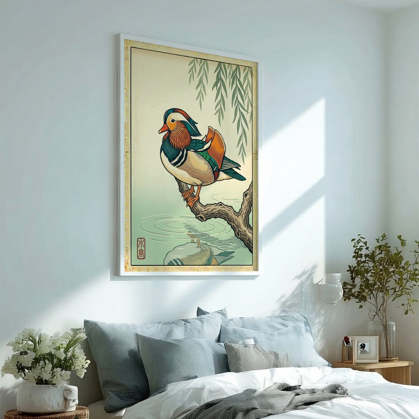 Mandarin duck poster featuring vibrant colors and Japanese art style