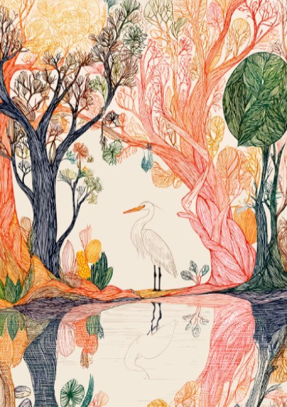 Whimsical illustration poster of a white egret standing by water in a colorful forest, featuring detailed