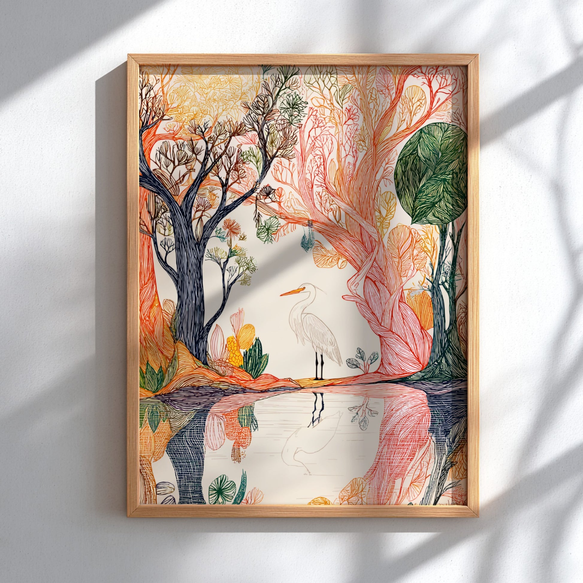 Whimsical illustration poster of a white egret standing by water in a colorful forest, featuring detailed