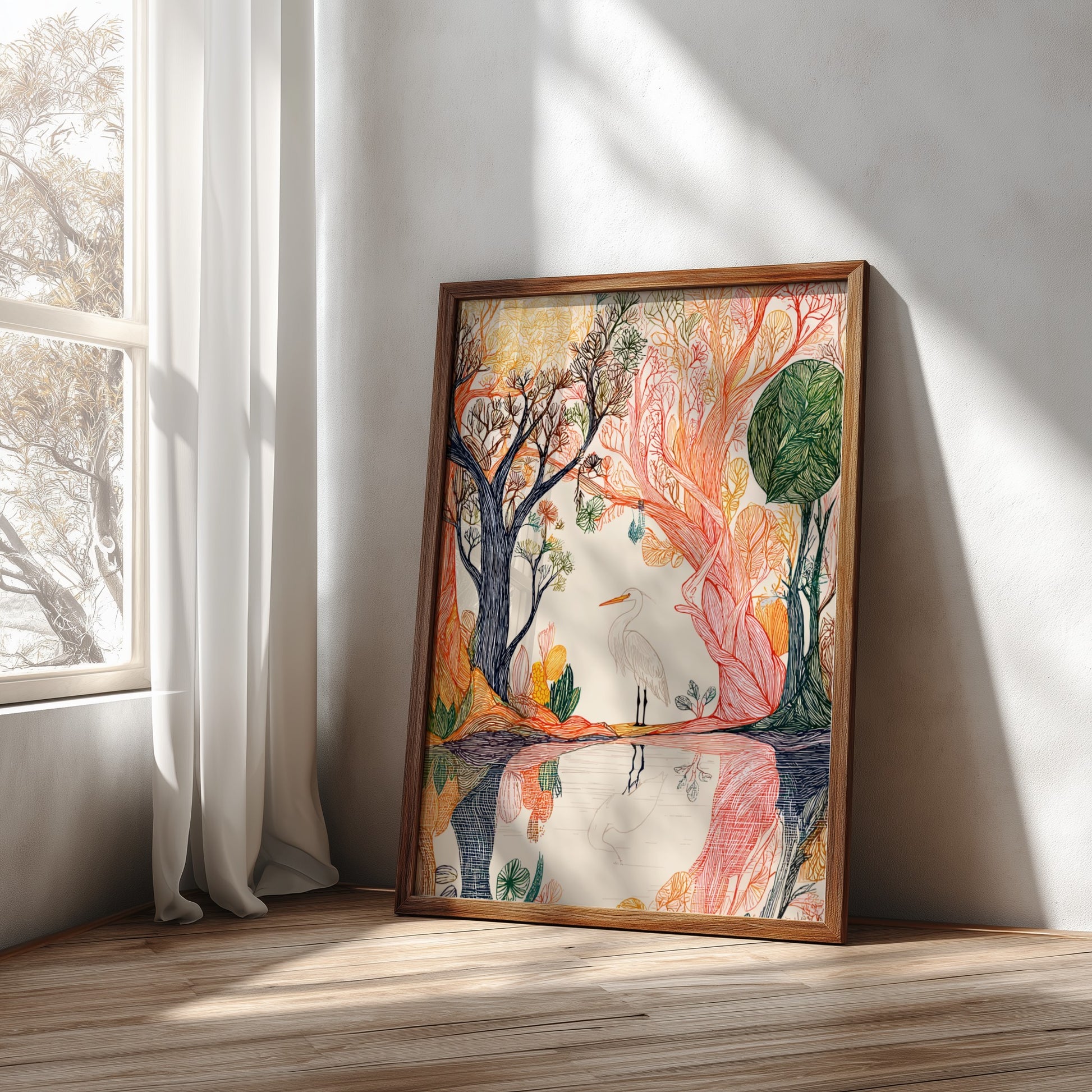 Whimsical illustration poster of a white egret standing by water in a colorful forest, featuring detailed