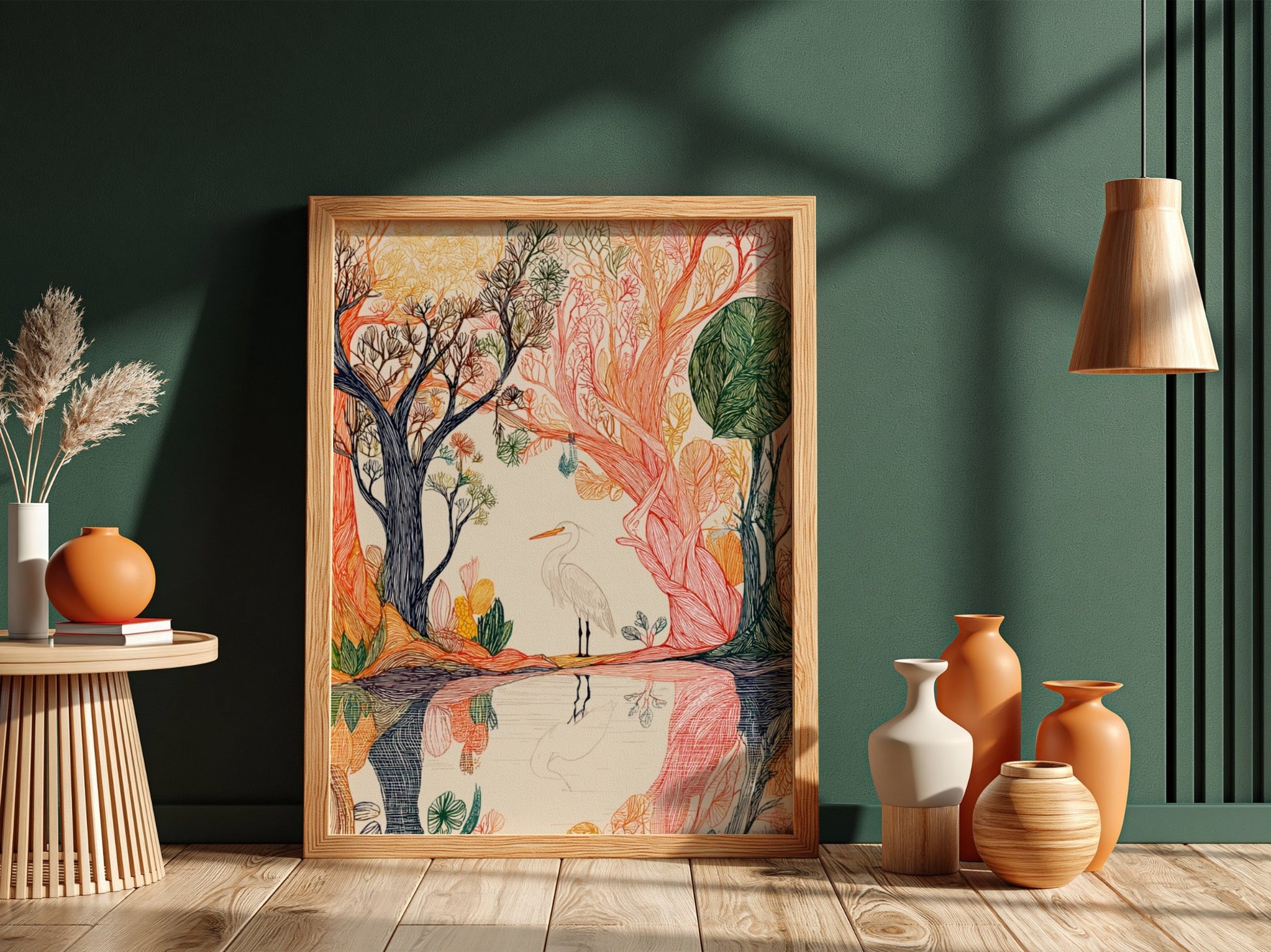 Whimsical illustration poster of a white egret standing by water in a colorful forest, featuring detailed